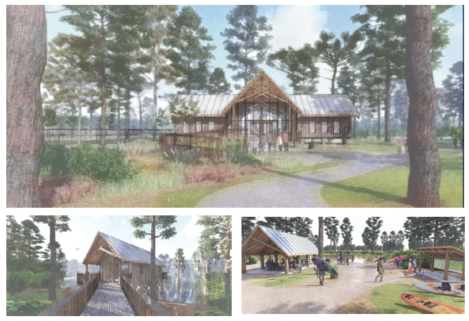 Black River State Park Unit Two, “The Meadows,” (top and right) will be the “central hub” of the system, with a visitor center and numerous amenities such as a fishing pier, launches, and camping; (left) Unit Three will include paddle launches and camping  (RV spots and tent sites, plus tree houses and cabins).