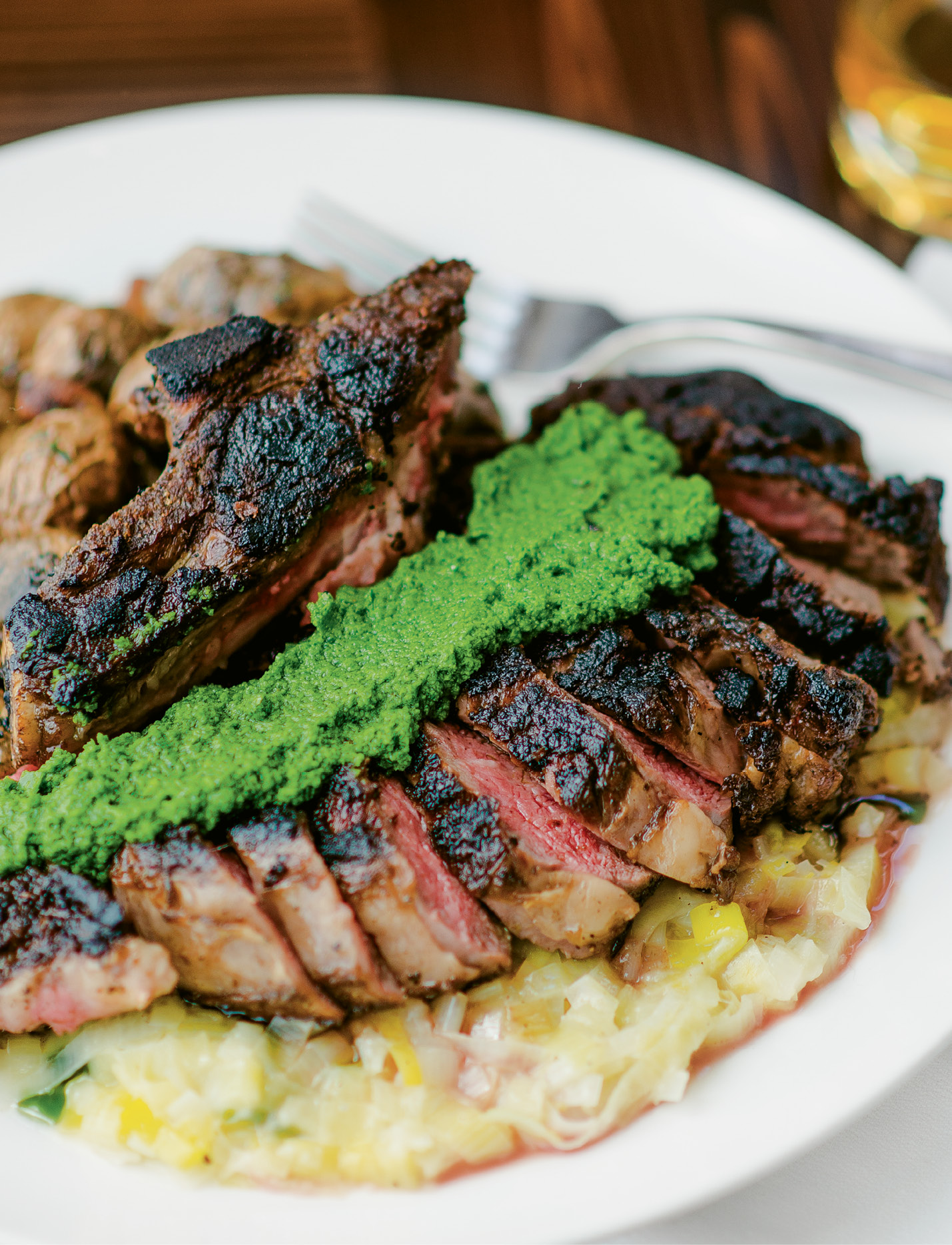 Dinner for Two: The salsa verde adds acidity and a dash of color to the rib eye