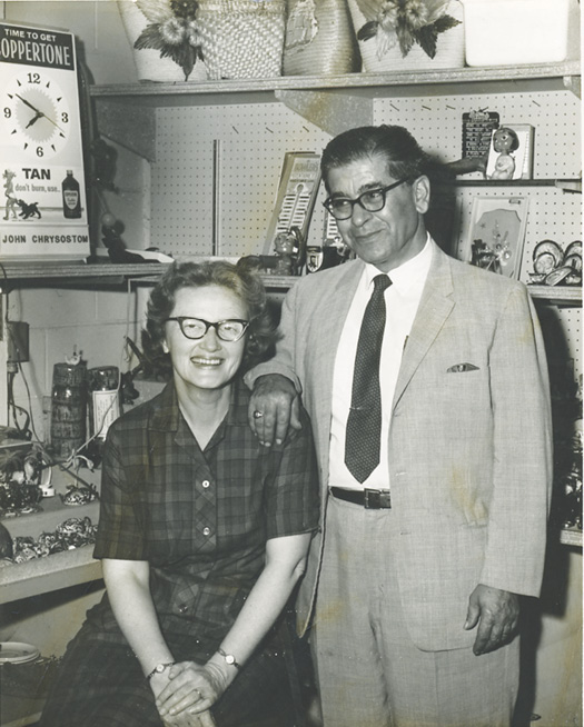 Beach store owner “Mr. John” Chrysostom with his wife, Rachel, who was a pharmacist in the shop