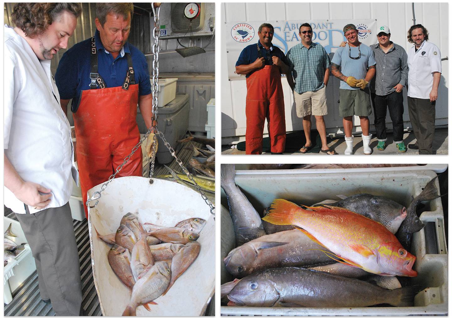 For about a decade, local chefs have vied for Mark’s diverse and sustainably caught seafood. (Left to right) NICO chef-owner Nico Romo eyes some red porgy; Mark with The Grocery chef-owner Kevin Johnson, private chef Aaron Swersky, FIG’s Jason Stanhope, and Romo