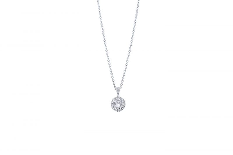 Diamonds Direct Designs 14K white-gold diamond pendant with halo accent, price upon request at Diamonds Direct
