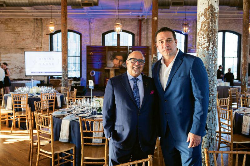 Steve Palmer and Mickey Bakst before their Dining for a Cause event at the Cedar Room in October 2017; Palmer counts on Bakst and fellow friend and sober person Scott Crawford for support. “They call me regularly, check on me when I’m down, call me on my BS, and love me unconditionally. The bond we have is special, and I will be grateful for the rest of my life for those two,” he says.