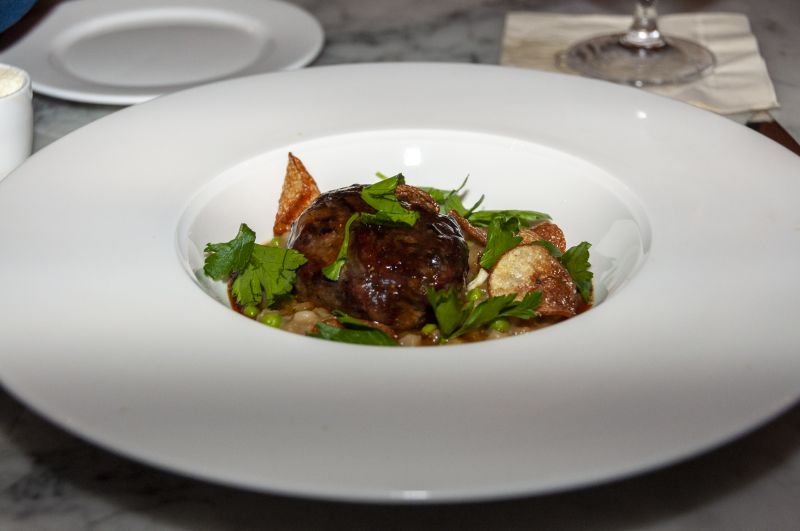 “Nia’s Opulent Oxtail”—oxtail crepinette with broccoli and root vegetables prepared by Little Chef Nia Khan and Big Chef Bob Cook of Edmund’s Oast.