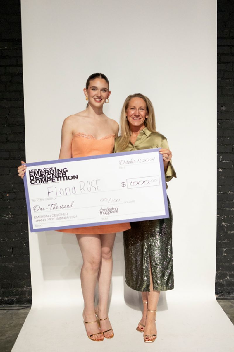 Emerging Designer Competition winner Fiona Rose (left) with Charleston magazine editor in chief Darcy Shankland.