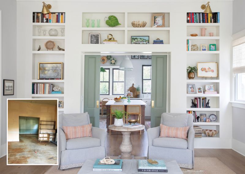 Three’s A Crowd: This part of the house was originally the living and dining rooms, with a galley-style kitchen to the side. The Hamnetts moved the dining area to accommodate a large open kitchen. They added the built-in bookshelves to the living room wall and reused two existing pocket doors (now painted in Farrow &amp; Ball’s “Card Room Green”) to separate the spaces.