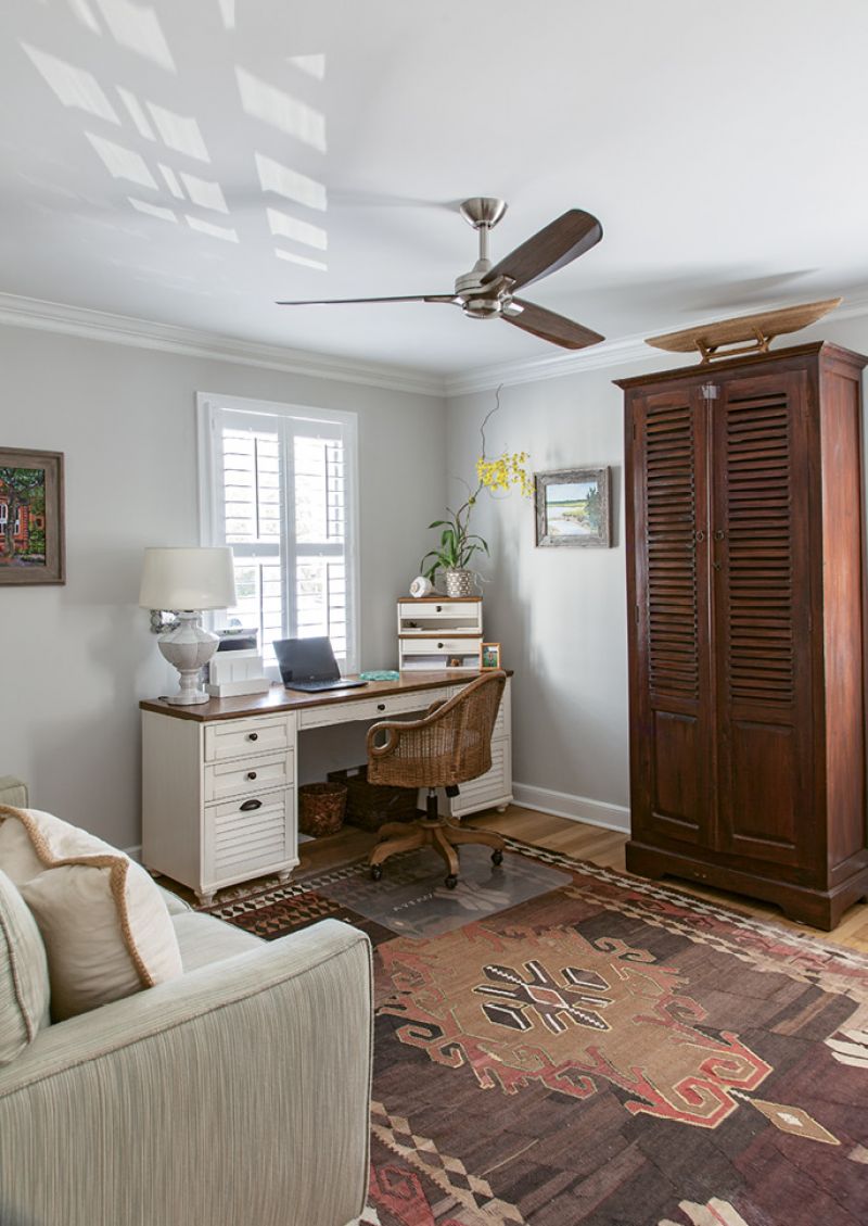 Rachel often sets up shop in her office (the desk is from Pottery Barn; and the armoire, Nadeau; the rug is a family heirloom).