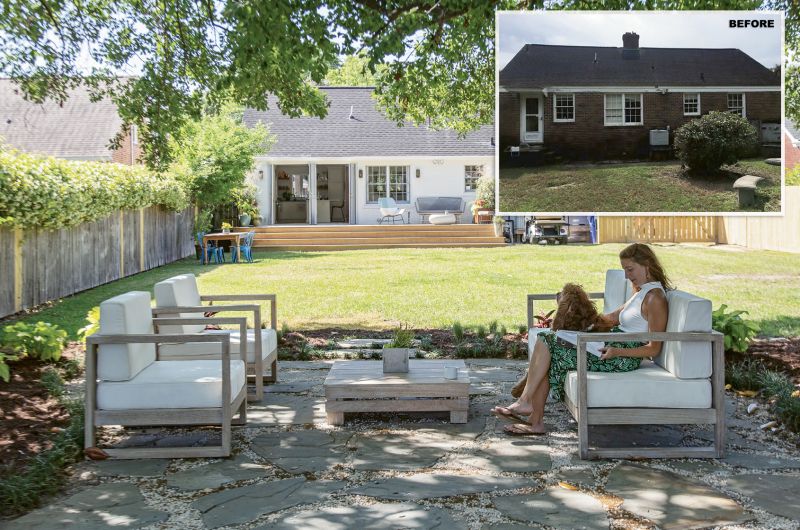 OUTDOOR OASIS: Two sets of French doors and a sprawling wooden deck add appeal to the rear of the home. But Rachel’s work out back has just begun. “I’m going to have big garden beds on both sides of the yard and plant more trees,” she says. “The dream is to have a pool right in line with the patio.”