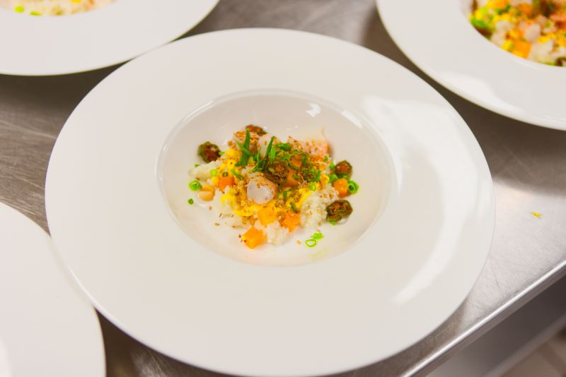 ...a California Gold rice bowl with Tarvin white shrimp, crispy okra, and heirloom tomatoes.