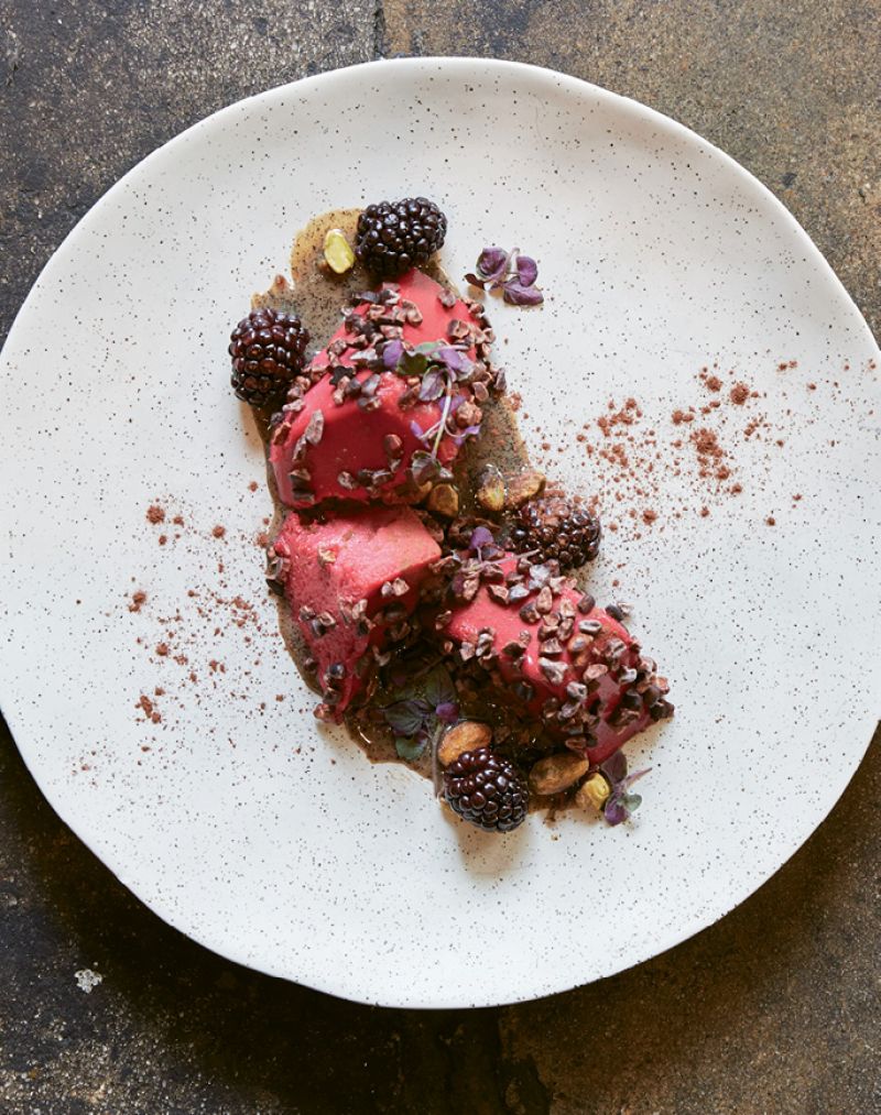 Beet caramel accenting a crémeux dessert