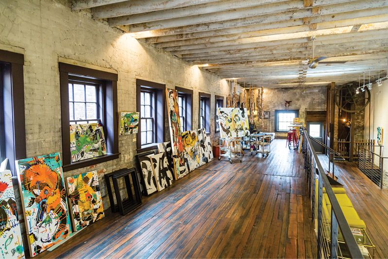 The Lift Studios, where Daniel McClendon paints and shows his works; (right) ceramics on display at The Village Potters Clay Center