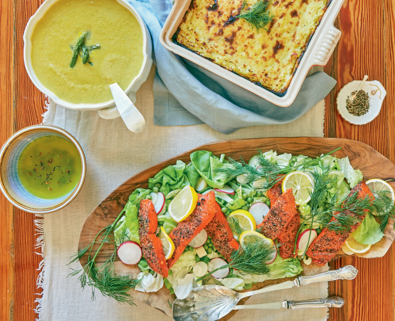 A supper of salmon salad, soup, and “shepard-less” pie awaits.