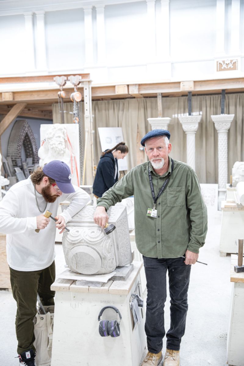 Students learn from master artisans, such as Joseph Kincannon, chair of stone carving; (right center) classical architecture and design assistant professor Phillip Smith and department chair Jack Duncan, the program was added in 2018.