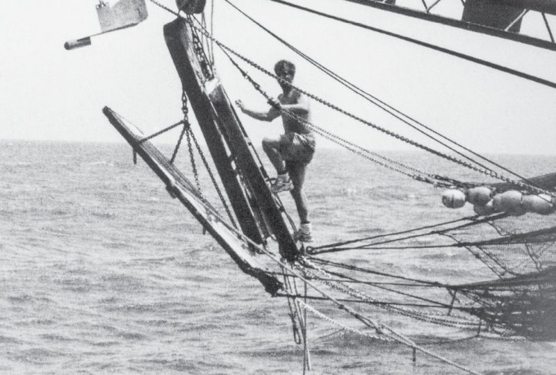 Working the lines off an outrigger to bring up the nets