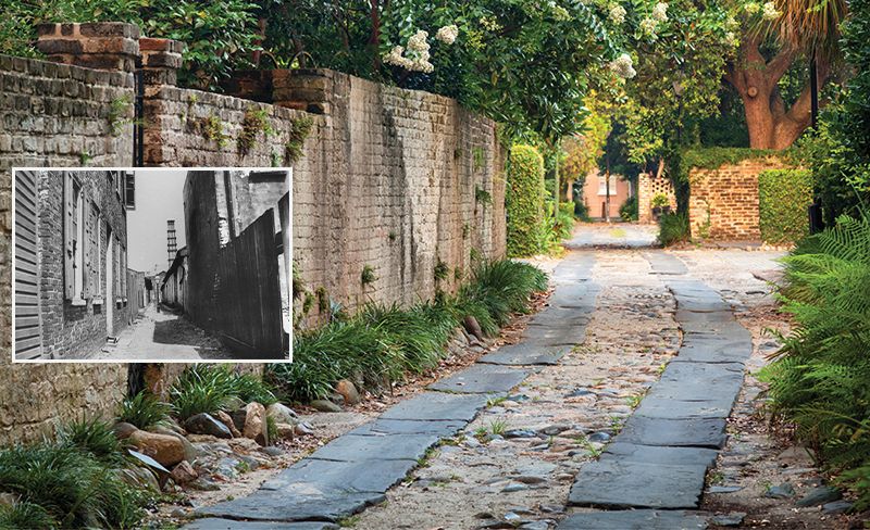 Longitude Lane; (Inset) Looking east toward East Bay Street, circa 1900; the lamppost in the center remains to this day.