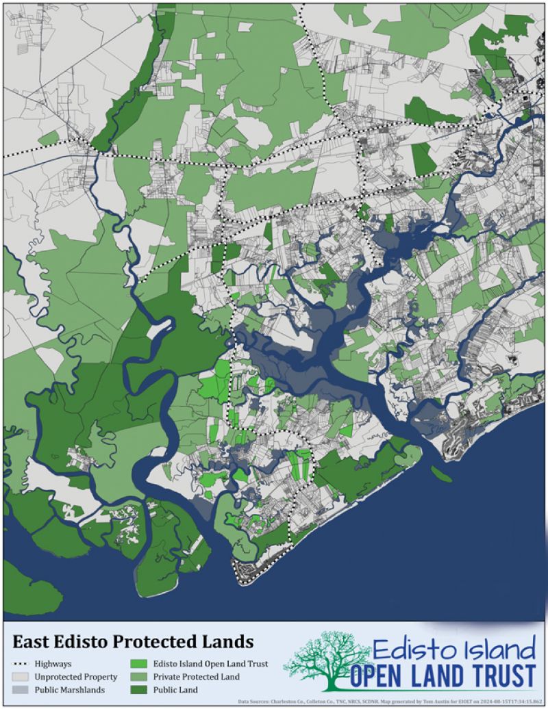 A current map of Edisto Island and surrounding areas, designating properties that are public, privately protected, and the 4,218 acres protected by Edisto Island Open Land Trust