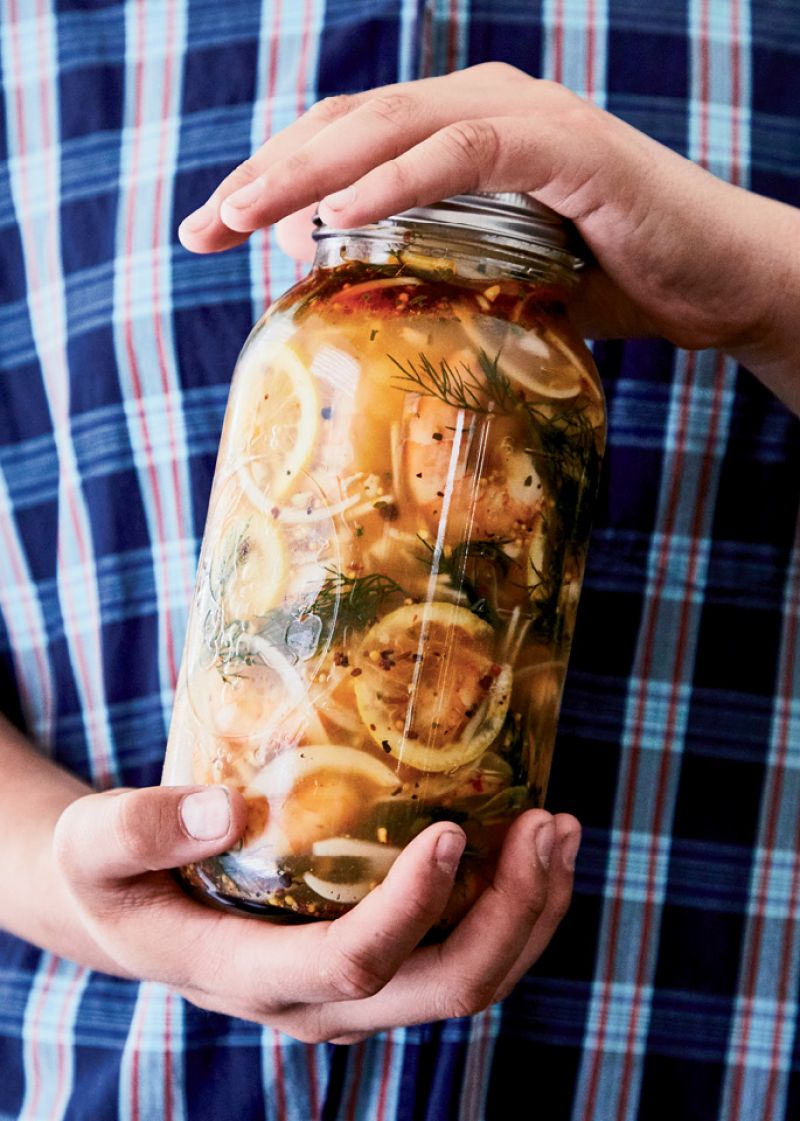 “Whenever I’m going to a party, I’ll bring a jar of pickled shrimp—it’s always a hit,” says DiBernardo, who buys his shrimp from Captain Don’s on Highway 17 in West Ashley.