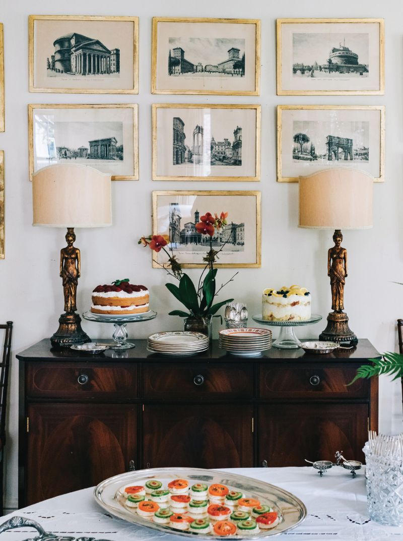 Randall’s gorgeous desserts, a strawberry pound cake and lemon trifle, are served on the sideboard.