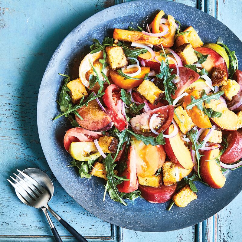 Heirloom Tomato &amp; Peach Panzanella Salad.