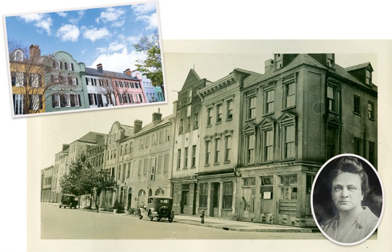 Early preservation advocate Susan Pringle Frost (right) was the first woman in Charleston to earn a real estate license, which she used to buy up derelict properties, including tenements along Rainbow Row (above), and restore them. In 1920, she helped establish the Society for The Preservation of Old Dwellings, now known as the Preservation Society of Charleston.