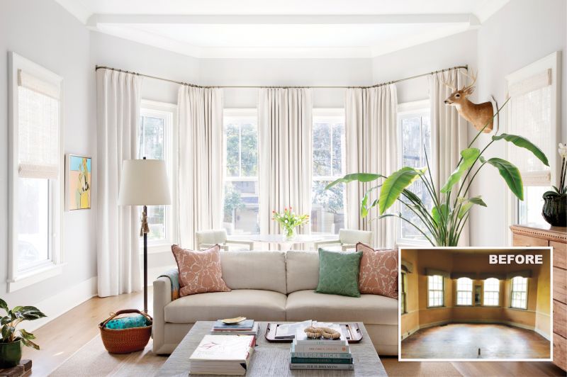 Lighten Up: The Hamnetts were able to expand the front windows to welcome more sunshine into the living room. Complemented by drapes, pillows, and playful fabric-wrapped chairs—all by local design team Lennon + Flohr—the previously drab space is now a bright sunny spot, perfect for watching life in the Old Village go by.