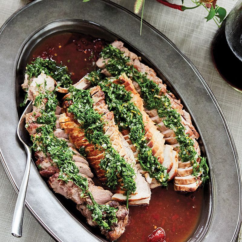 Roast pork loin with mint gremolata