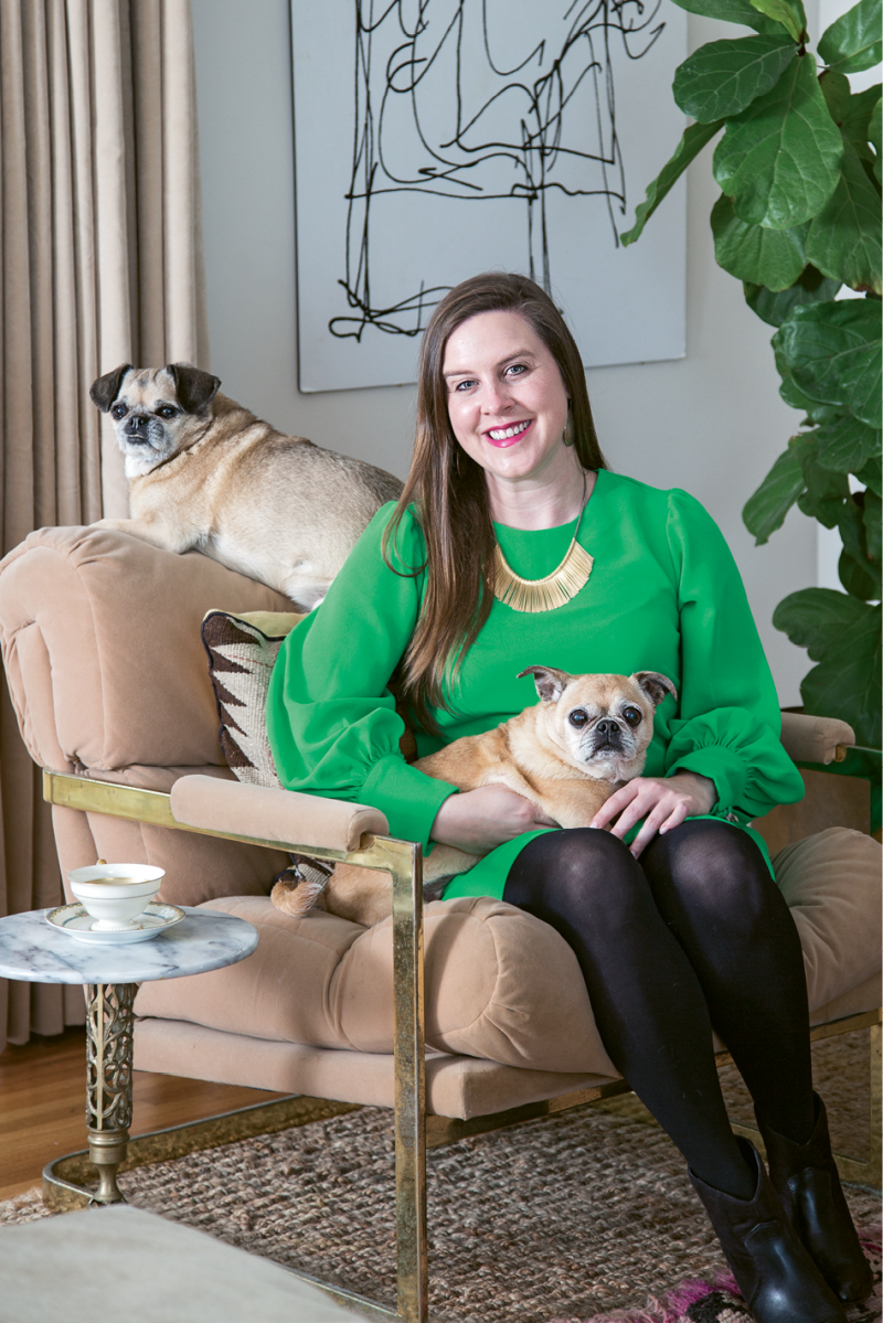 Tinkler at home in West Ashley with her pups, Cornbread and Moose