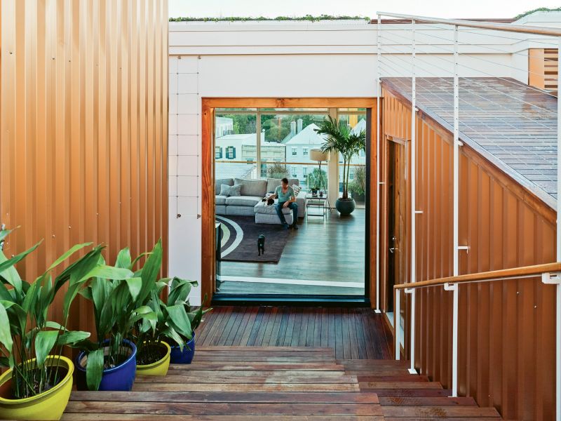 Colorful pots of hardy cast-iron plant (Aspidistra elatior) line the steps to the rooftop living area. Inside, a royal palm further underscores the connection between outside and in.