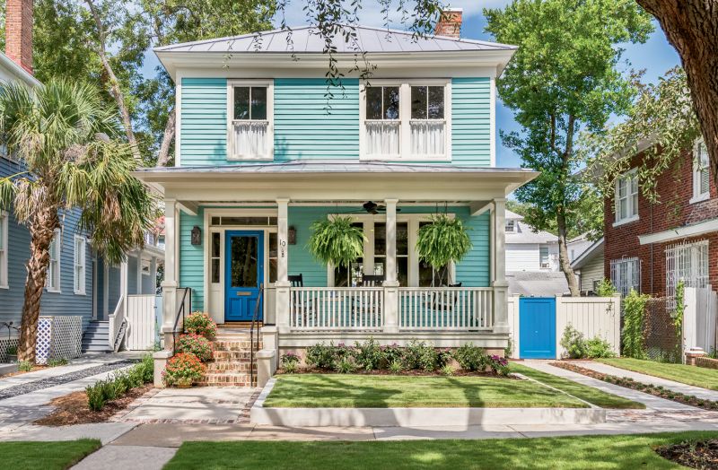 After: When Cindy and David Ellsworth bought the century-old home, years of neglect had rendered it uninhabitable. With help from contractor Marc Engelke, the couple embarked on a preservation-minded restoration that, in just eight months, returned the abode to its original beauty. With a love for bright colors, Cindy had the exterior painted in Sherwin-Williams’s “Greek Isle.”